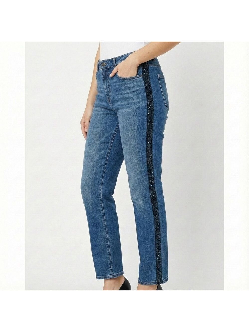 TALBOTS Cotton High Rise Straight Ankle Jean Lace Sequin Tuxedo Stripe US Sz 16